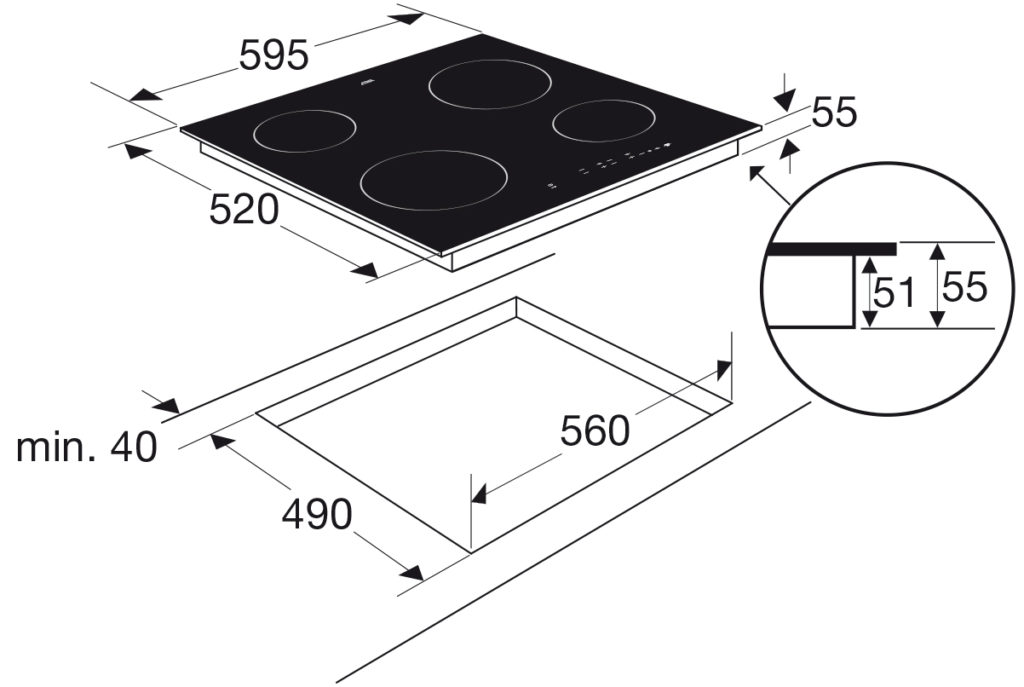 A diagram of a cooktop with dimensions and a circular inset detailing its thickness.