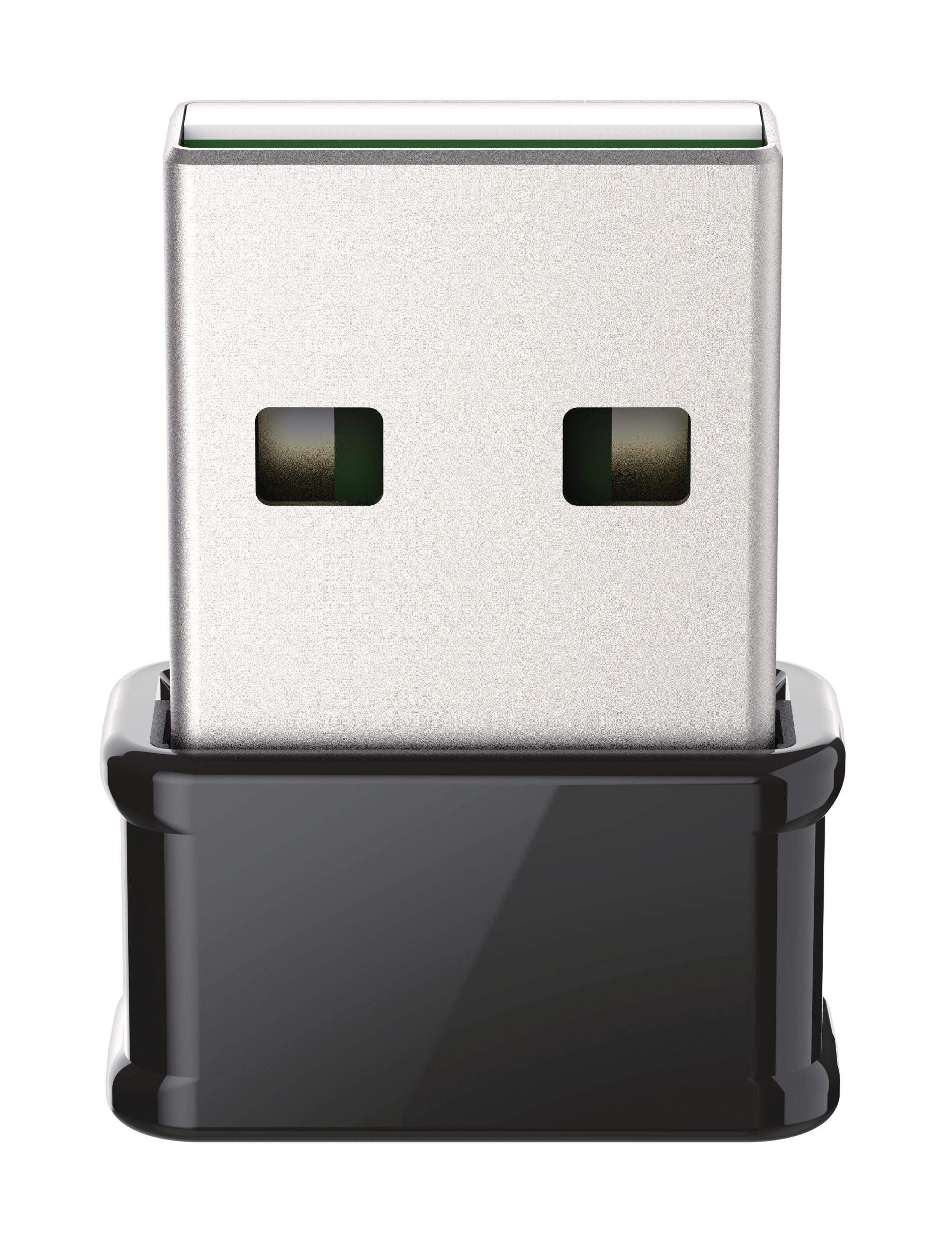 Ein USB-Stick mit silbernem Kopf und schwarzem Körper. Weißer Hintergrund.