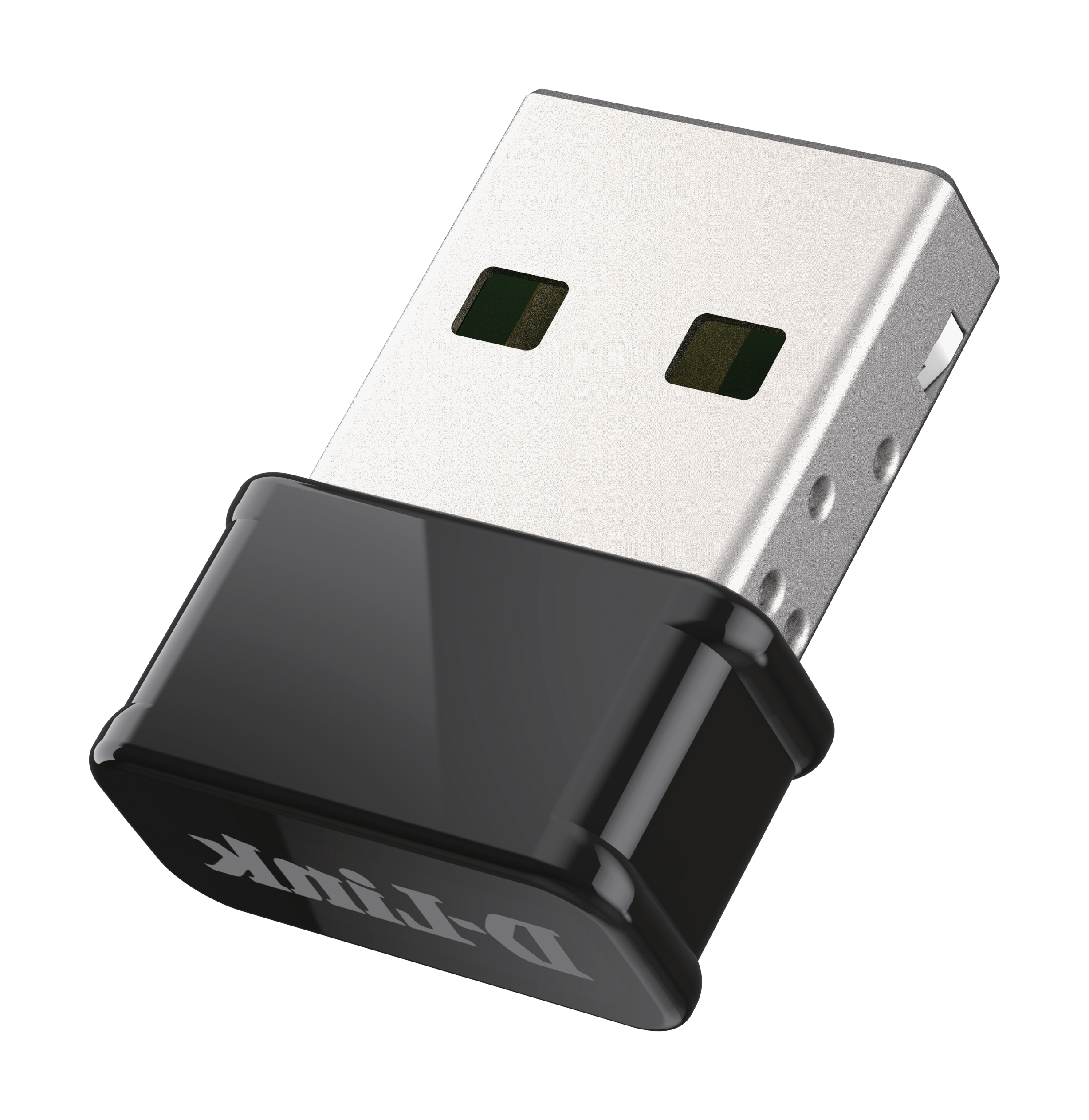 Schwarzer und silberner USB-Adapter. D-Link-Logo sichtbar. Weißer Hintergrund.