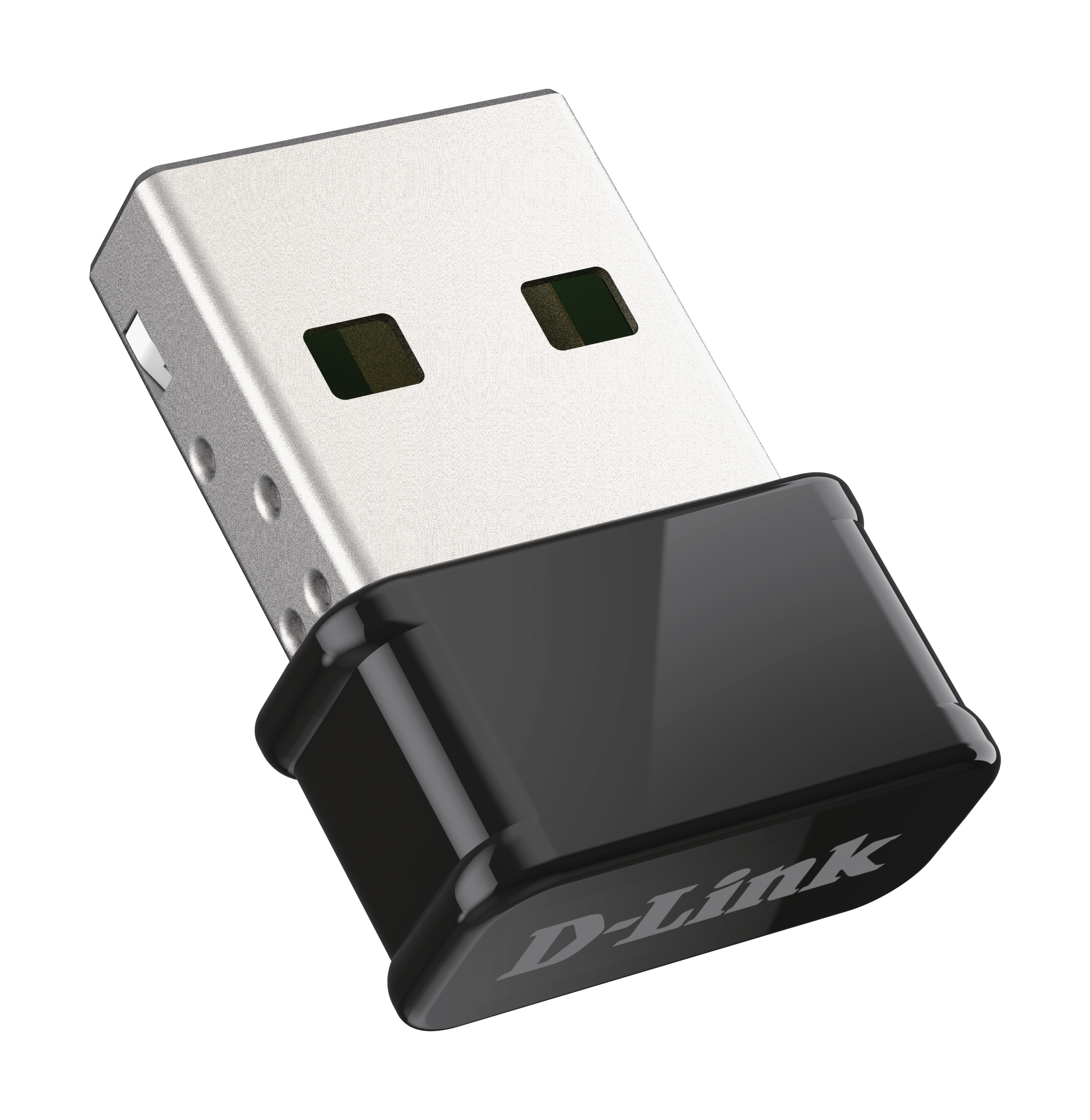 Ein schwarzer und silberner USB-WLAN-Adapter. Der Adapter ist auf weißem Hintergrund eingesteckt.