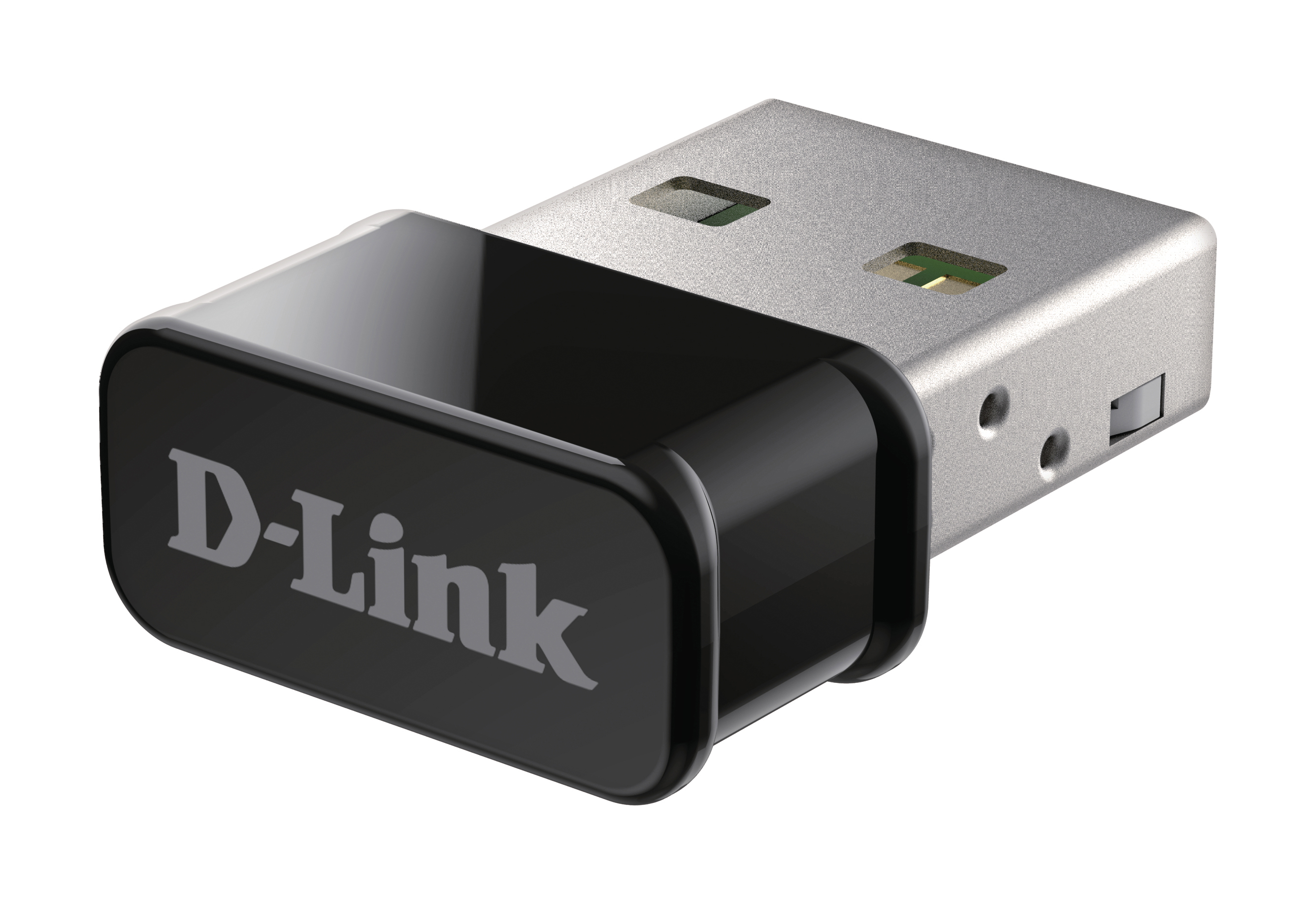 Schwarzer und silberner D-Link USB-Adapter mit Markennamen auf der Vorderseite.