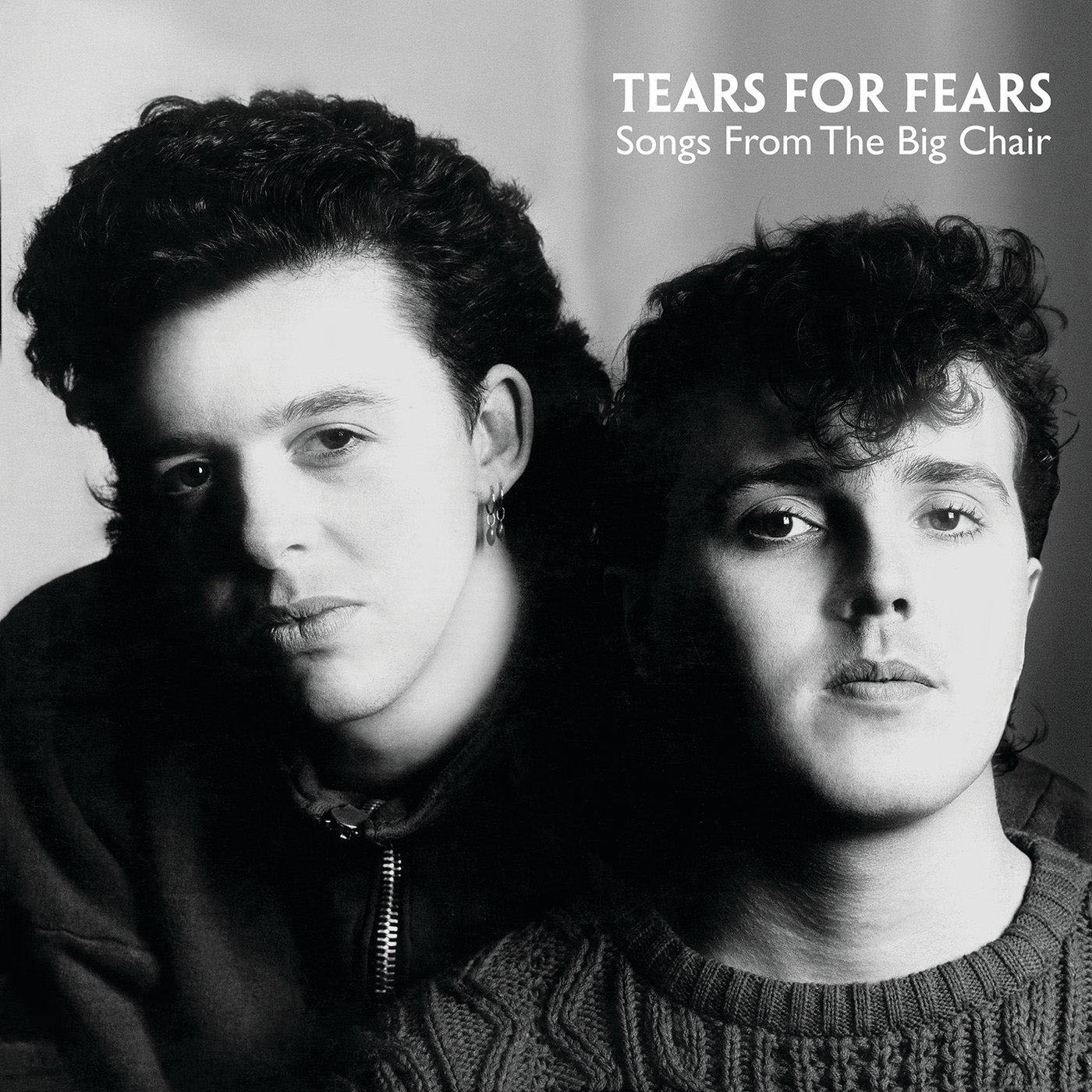 Schwarz-Weiß-Albumcover von Tears For Fears. Zwei Männer sind auf dem Foto. Titel: Songs From The Big Chair.