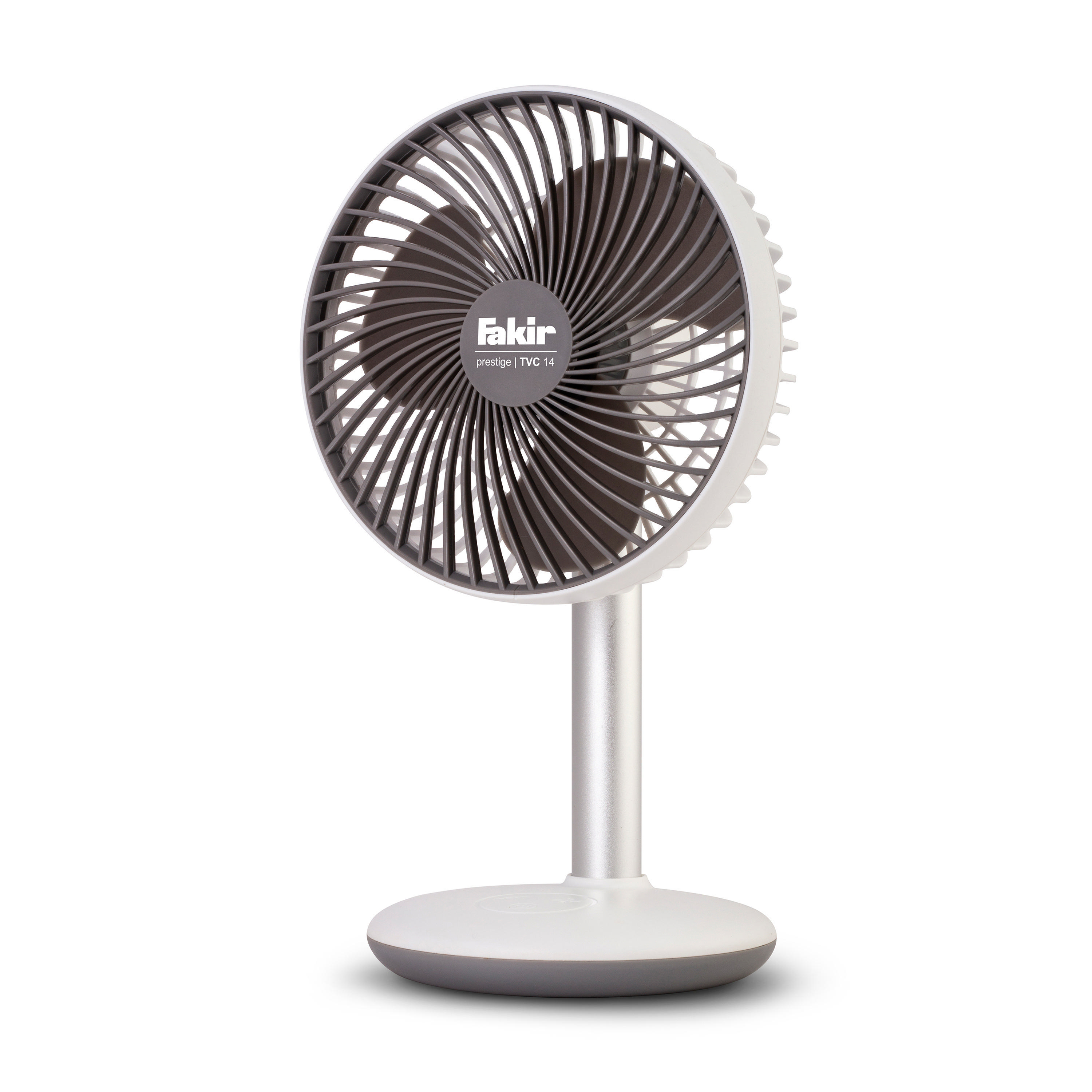 Ein weiß-grauer Fakir Prestige TVC 14 Ventilator auf weißem Hintergrund.