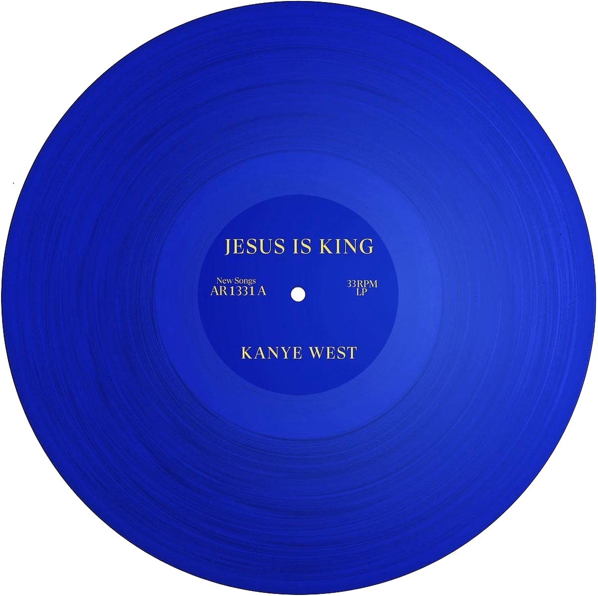 Blauwe vinylplaat met tekst: 'JESUS IS KING' en 'KANYE WEST' in het midden.