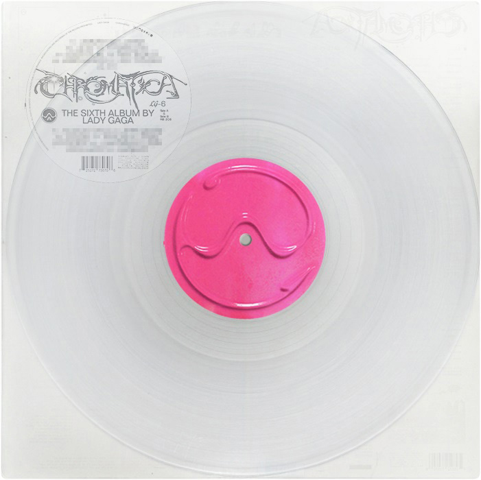 Vinylplatte. Klare Scheibe mit einem pinkfarbenen Kreis in der Mitte. Label: Chromatica von Lady Gaga.