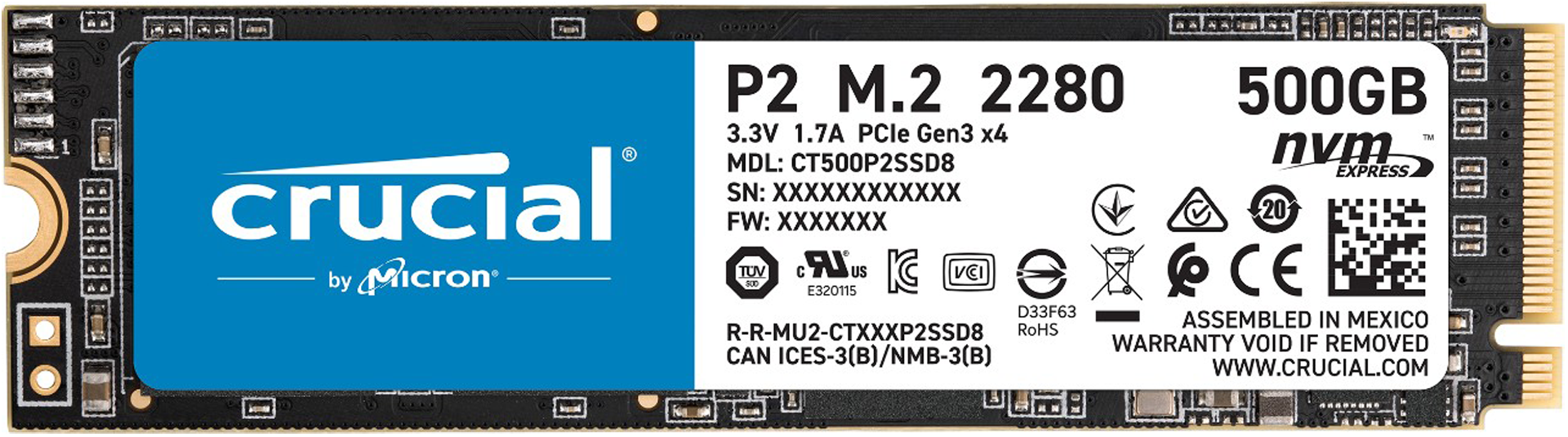CRUCIAL P2 Festplatte, 500 GB SSD M.2 via PCIe, intern