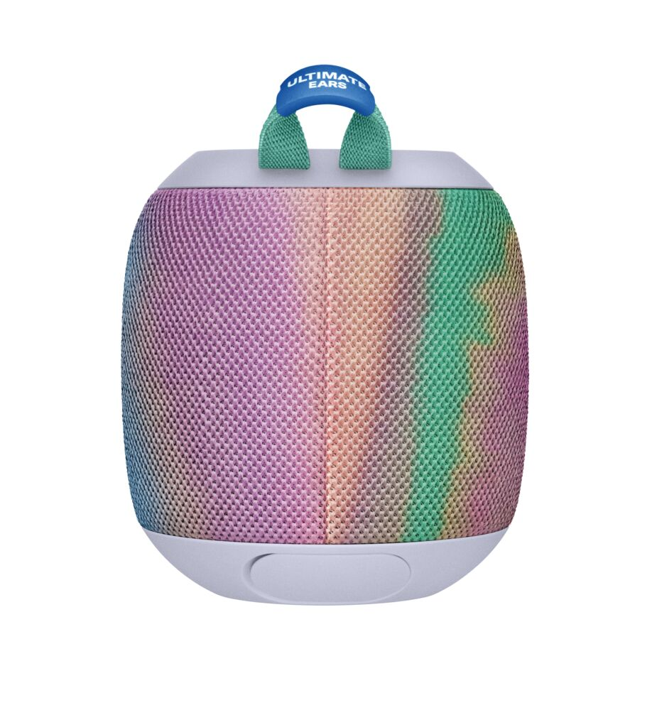 Bunter Ultimate Ears Lautsprecher mit Griff, mit mehreren Farben. Der Griff sagt 'ULTIMATE EARS'.