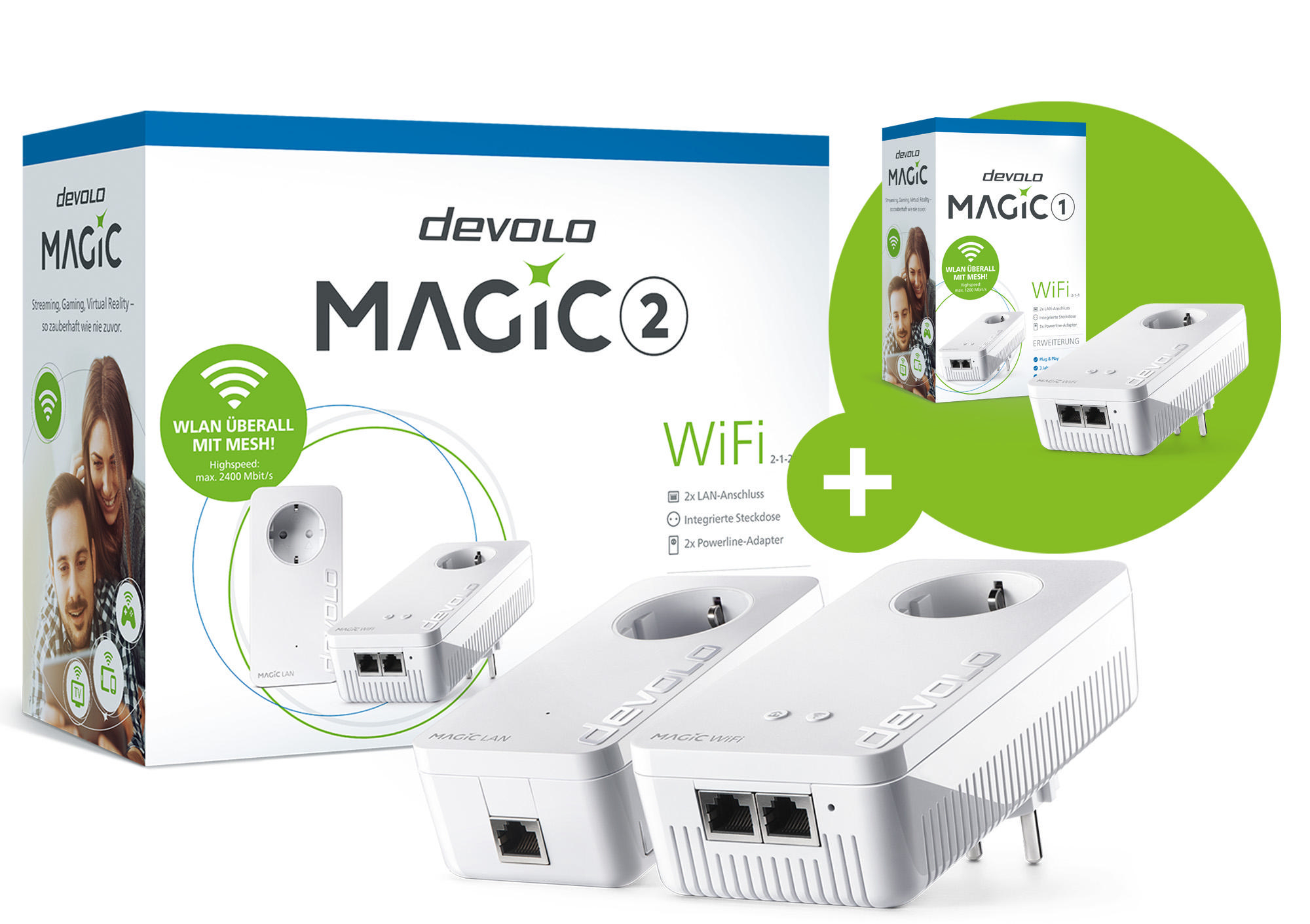 DEVOLO Magic 2 WiFi Starter Kit + Magic 1 WiFi Single Powerline Adapter 2400 Mbit/s Kabellos und Kabelgebunden