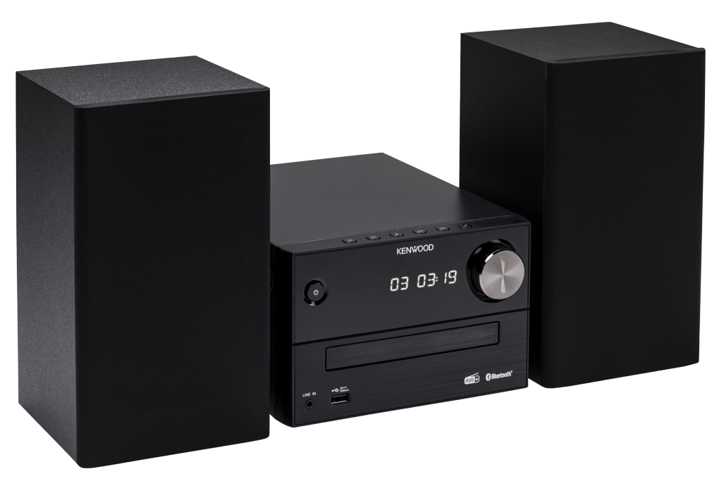 Black Kenwood stereo system with two black speakers on both sides.