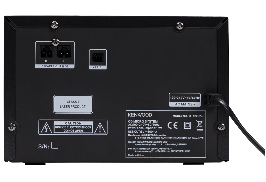 Back of a black Kenwood CD micro system. It has speaker, aerial and power connections.