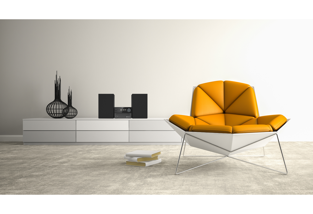 A modern living room with a white media console, orange chair, and a white wall.