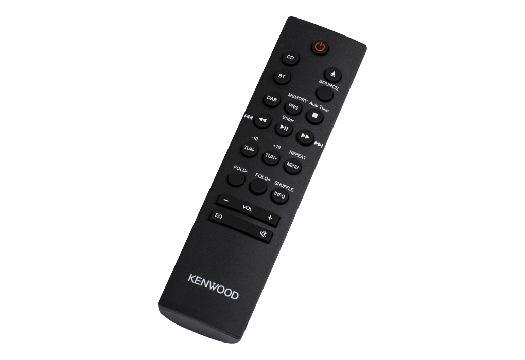 Kenwood black remote control, buttons, source, volume, menu.