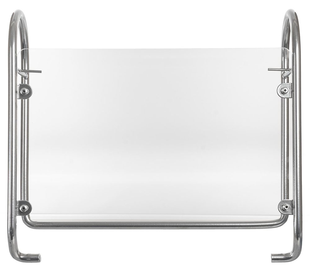Stainless steel rack with a clear plastic sheet. A silver handle is on left side.