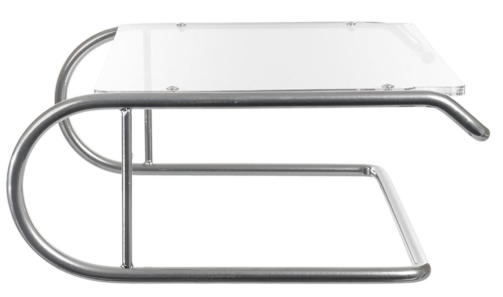 A chrome and clear glass side table. The table has a rectangular glass top and curved legs.
