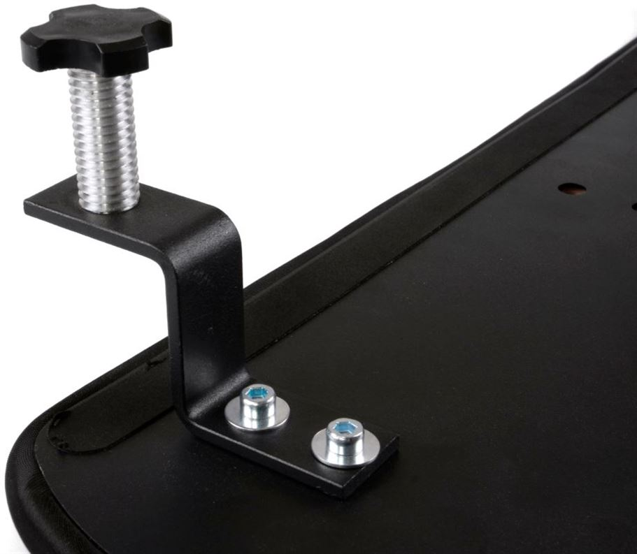 A black clamp with a screw is attached to a black surface with two bolts. The screw has a black, star-shaped knob.