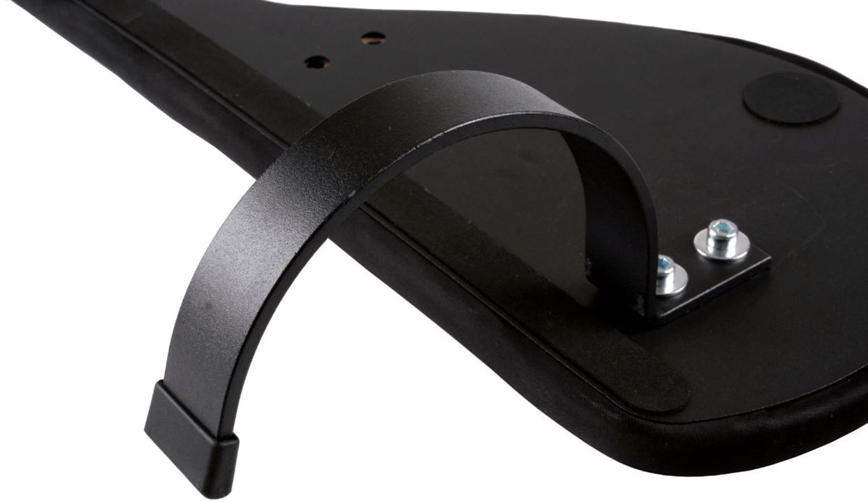 Close-up of a black metal object with a curved handle and a flat base. Screws secure handle to base. Isolated on white.
