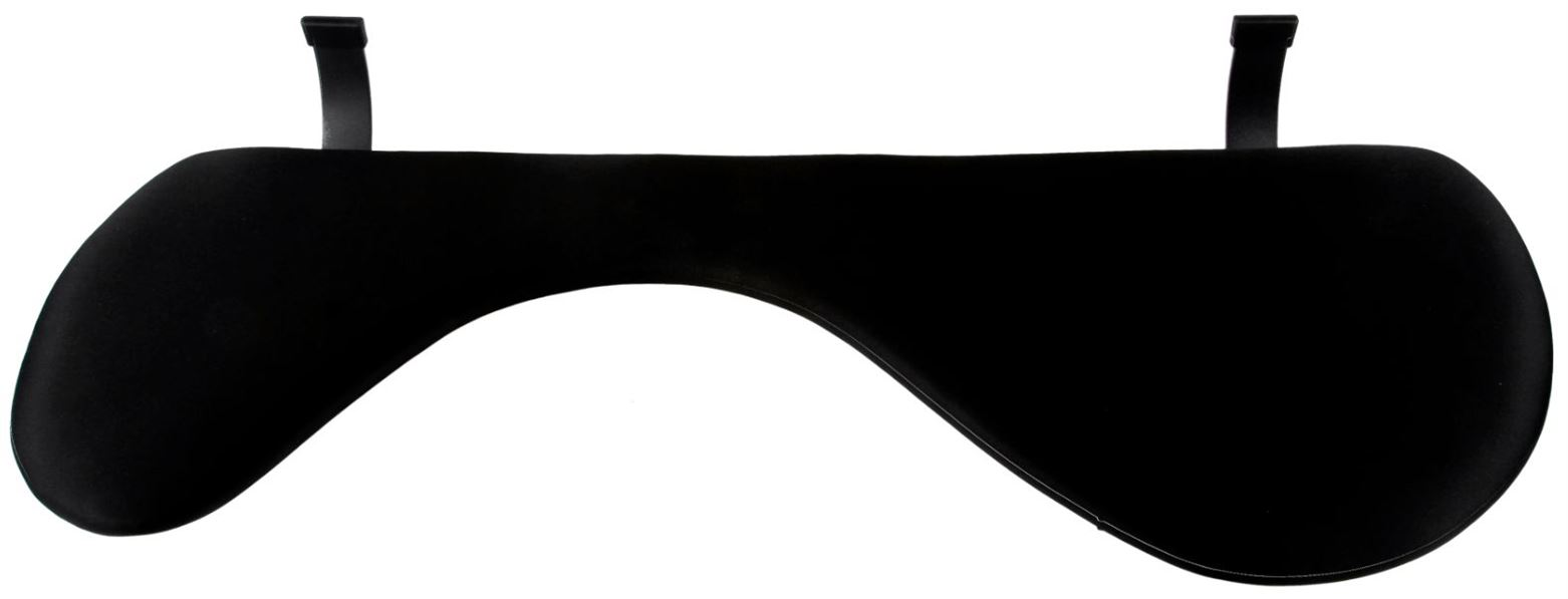 A black, curved object with two straps on top. The object has a smooth texture and sits against a white background.