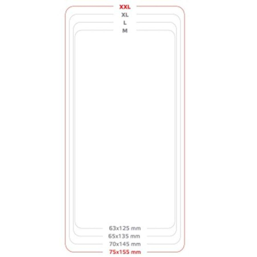 Diagrama que muestra los tamaños de los protectores de pantalla para teléfonos. Tamaños XXL, XL, L y M.