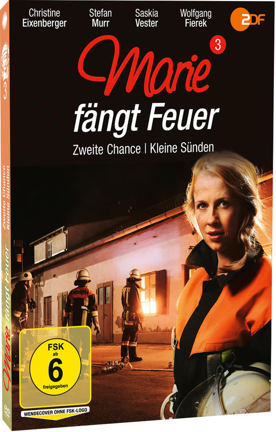 DVD-Cover des Films 'Marie fängt Feuer' mit Schauspielern und Feuerwehrleuten im Hintergrund.