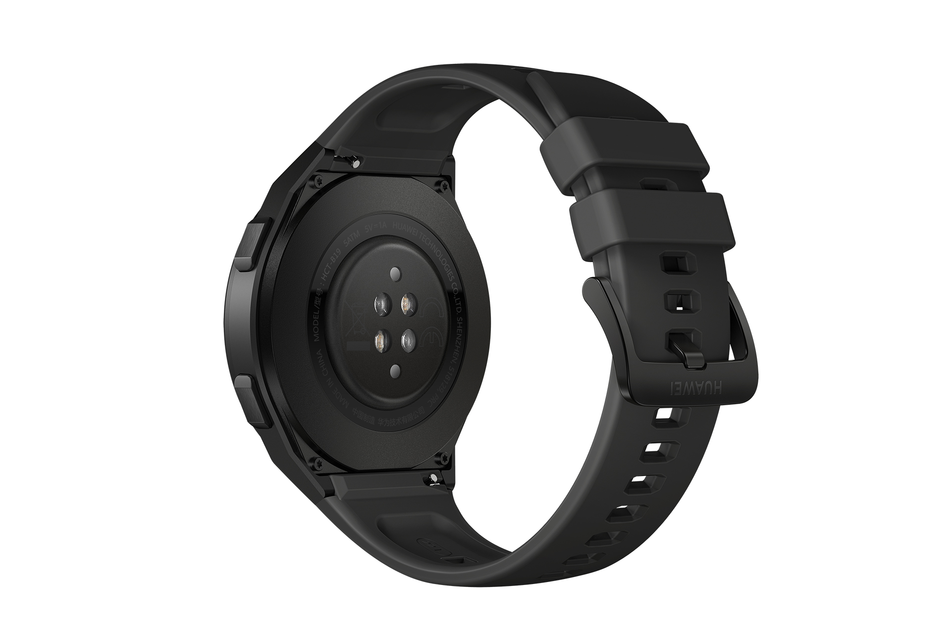 Smartwatch Huawei negra con correa negra, vista desde la parte trasera.