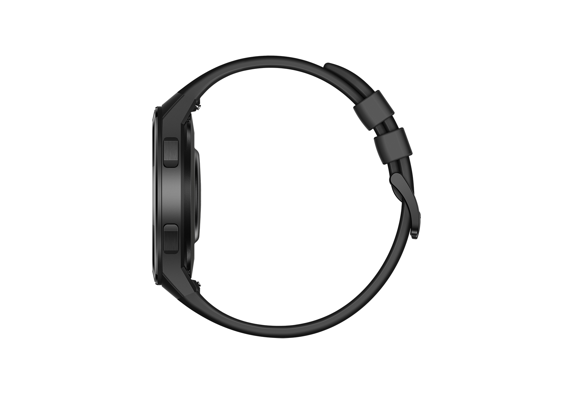 Reloj inteligente negro. El reloj es redondo con correa negra. La pantalla es negra. Botones laterales visibles.
