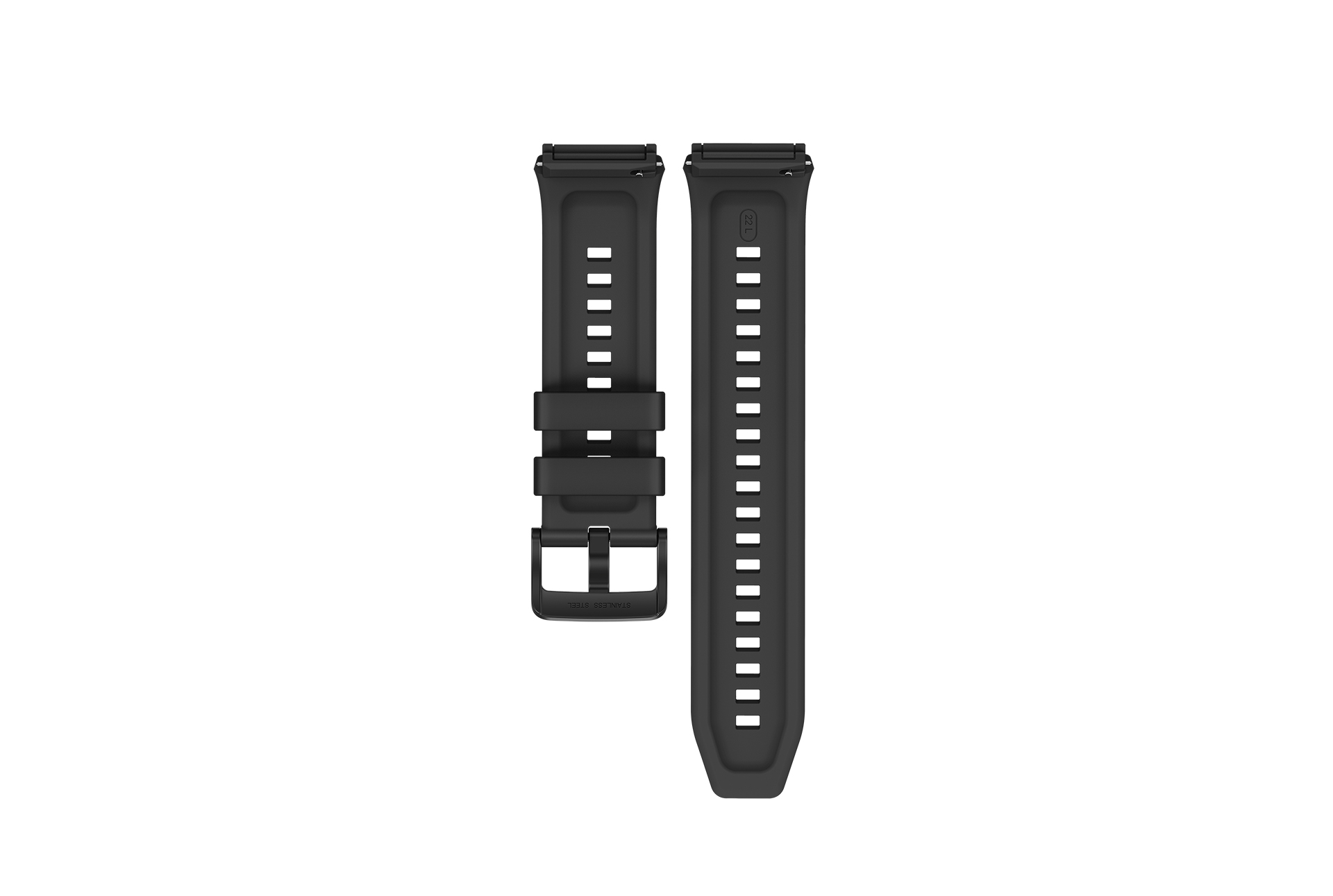 Dos correas de reloj inteligente negras con hebilla de acero inoxidable sobre una superficie blanca.