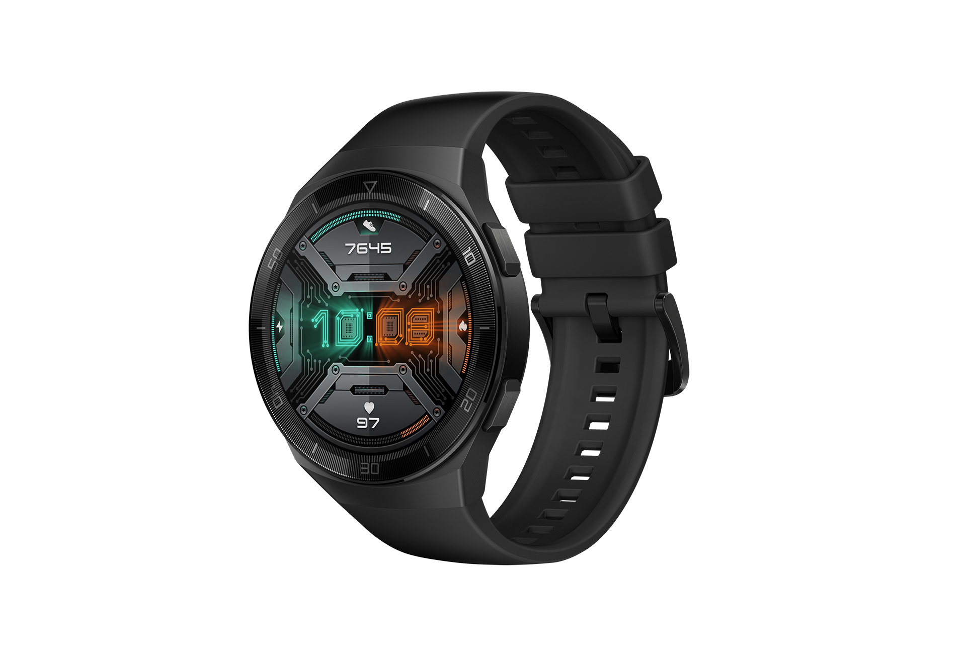 Smartwatch negra sobre fondo blanco. Pantalla muestra hora y estadísticas. Correa negra. Diseño circular.