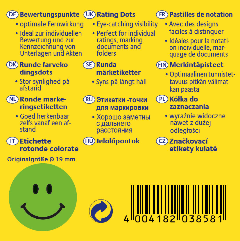 Grüner Aufkleber mit Smiley-Gesicht. Text in mehreren Sprachen umgibt den Aufkleber. Rechts ein Barcode.