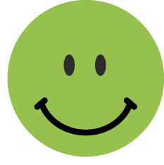 Ein grüner Kreis mit einem lächelnden Gesicht. Schwarze Augen und eine gebogene schwarze Linie für den Mund.