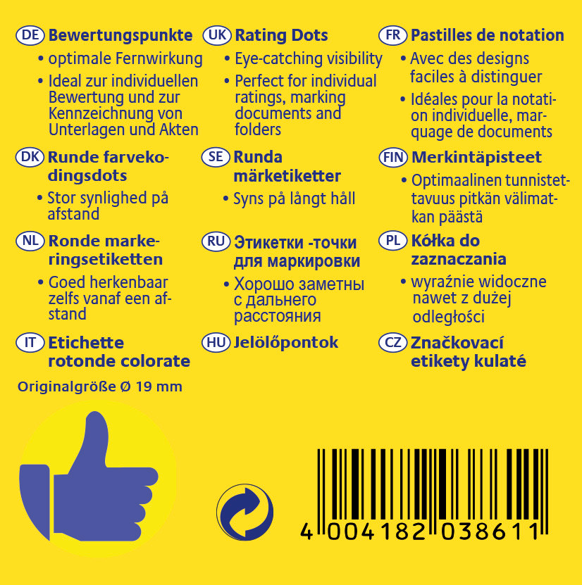 Ein gelber Aufkleber mit Text in mehreren Sprachen. Ein blauer Daumen hoch und ein Barcode sind links und rechts.