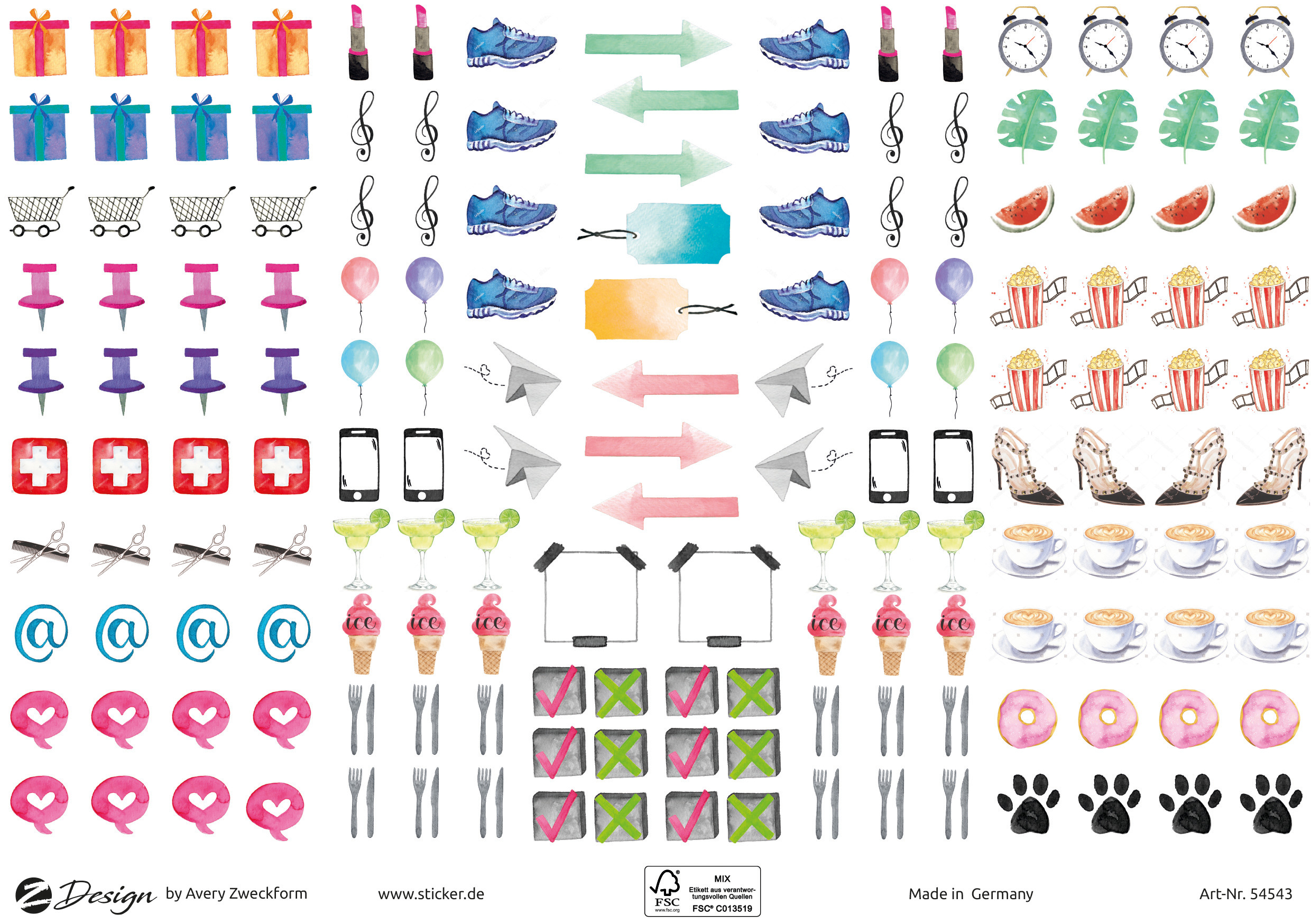 Ein Stickerbogen mit Geschenkboxen, Schuhen, Uhren, Noten und vielen anderen kleinen Symbolen.