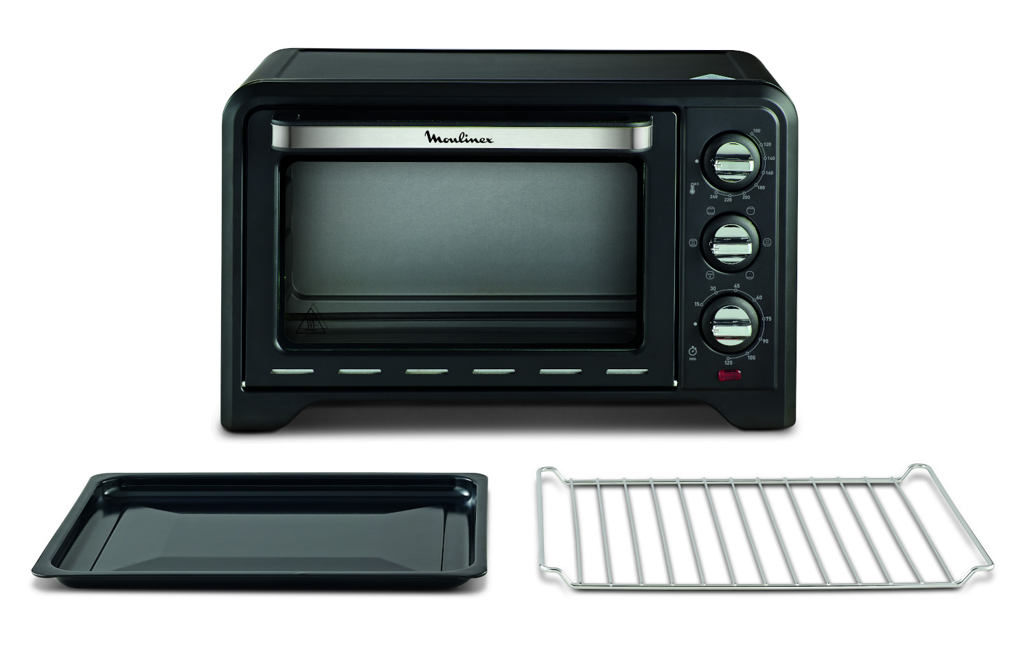 A black Moulinex small oven, with three control dials.