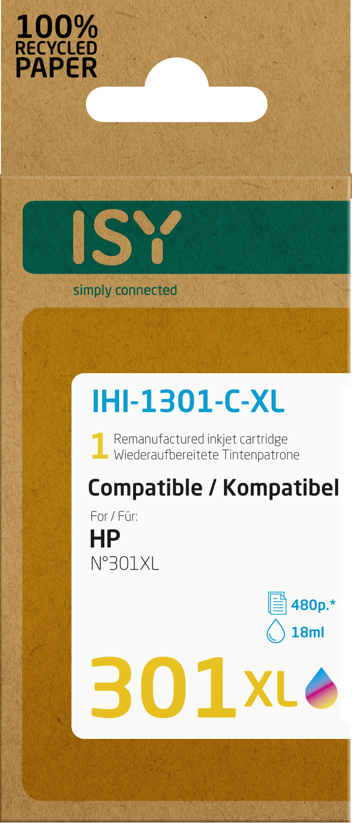 Tintenpatronenbox mit der Bezeichnung IHI-1301-C-XL für HP N°301XL, mit Recyclingpapier-Etikett.