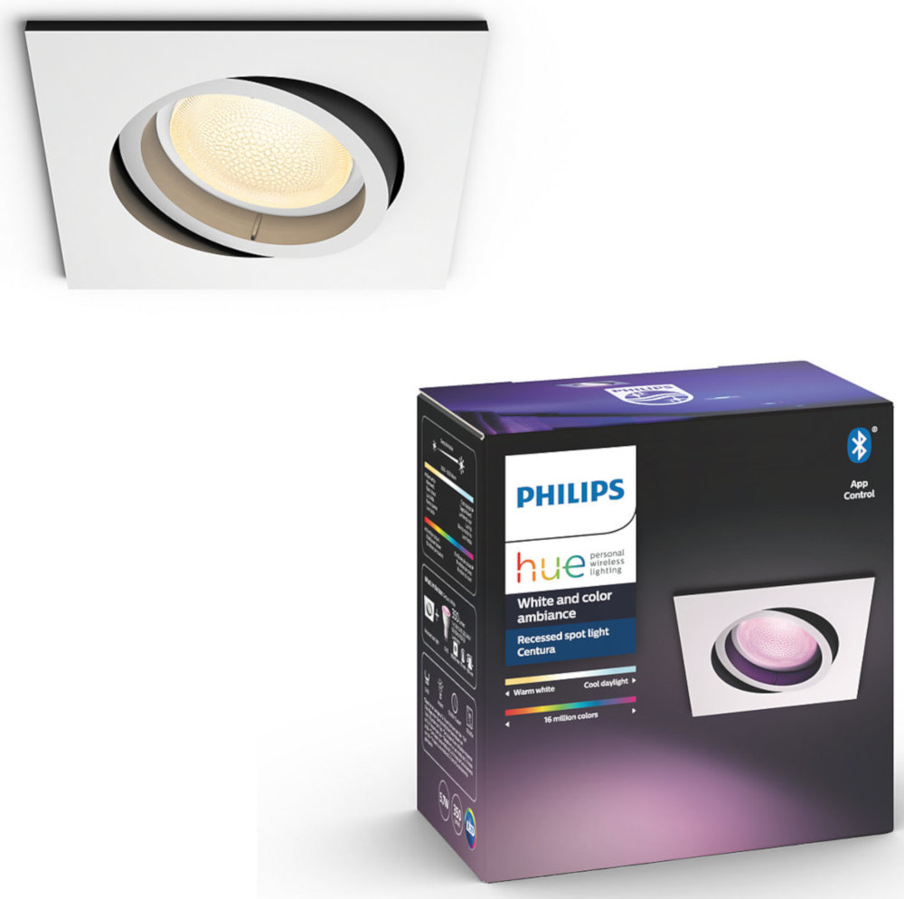 Spot encastré blanc et une boîte, fond blanc, produit Philips Hue.