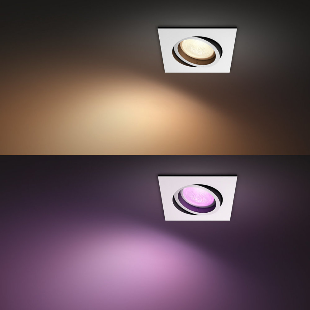 Deux images de plafonniers encastrés, une avec une lumière blanche chaude et l'autre avec une lumière violette.