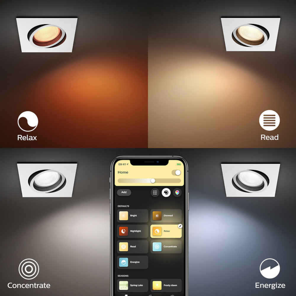Smartphone affichant des lumières avec différents modes de couleur, avec quatre lumières.
