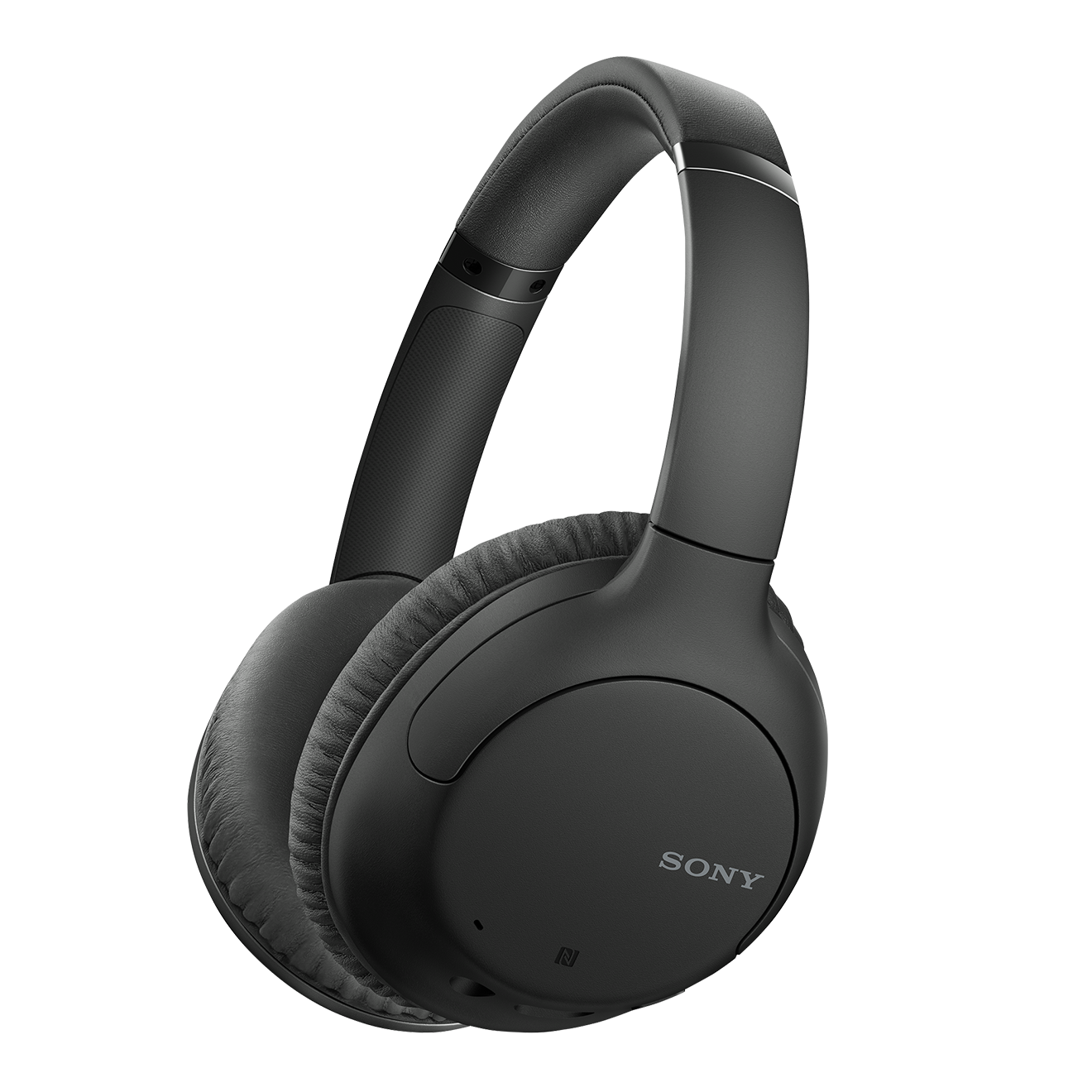 Schwarze Sony-Kopfhörer. Die Kopfhörer sind Over-Ear-Stil mit einem schlanken, modernen Design.