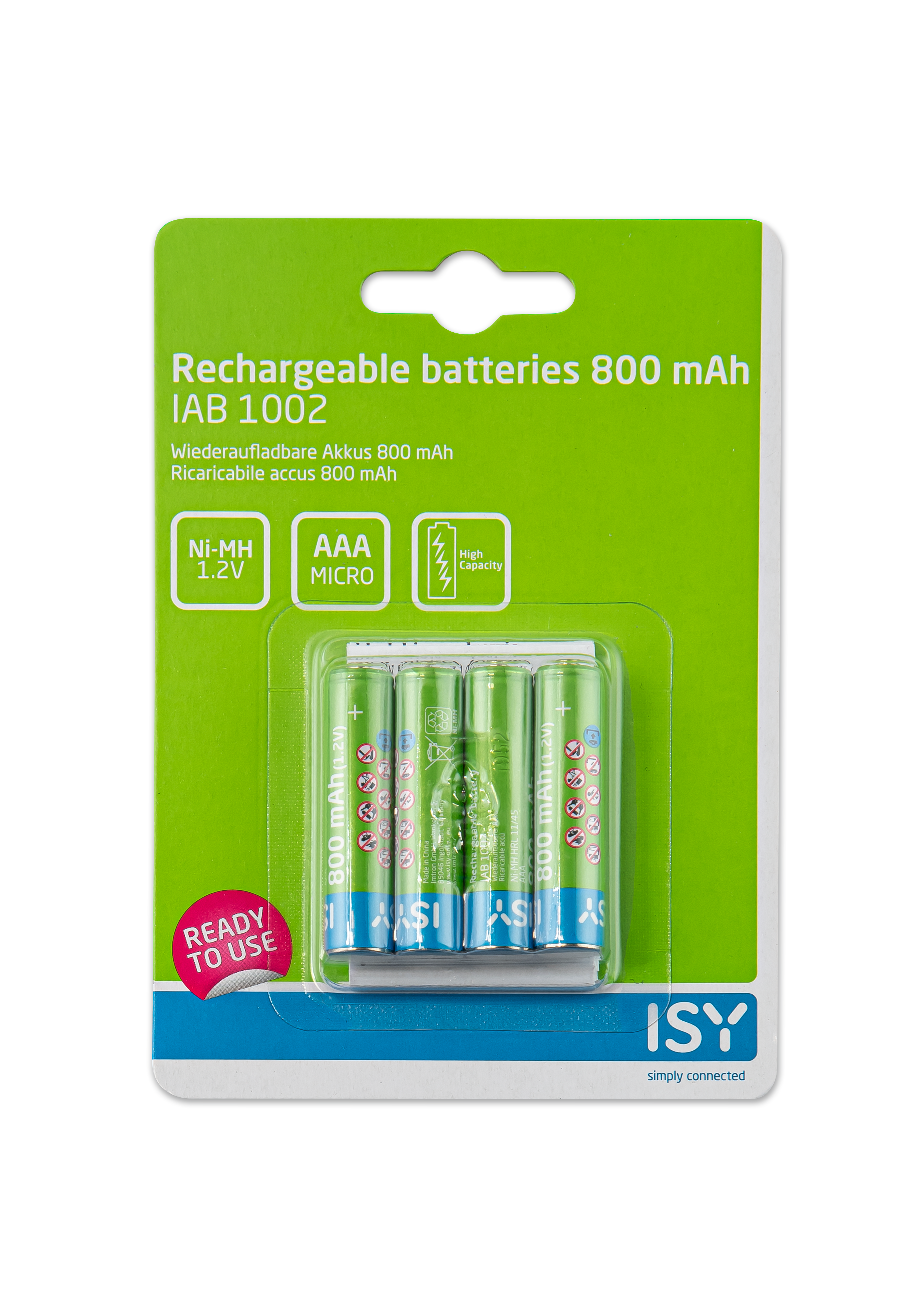 Grün-weißes Batterieladepaket. Enthält vier AAA-Batterien, '800 mAh' und 'Ready to Use' Text.