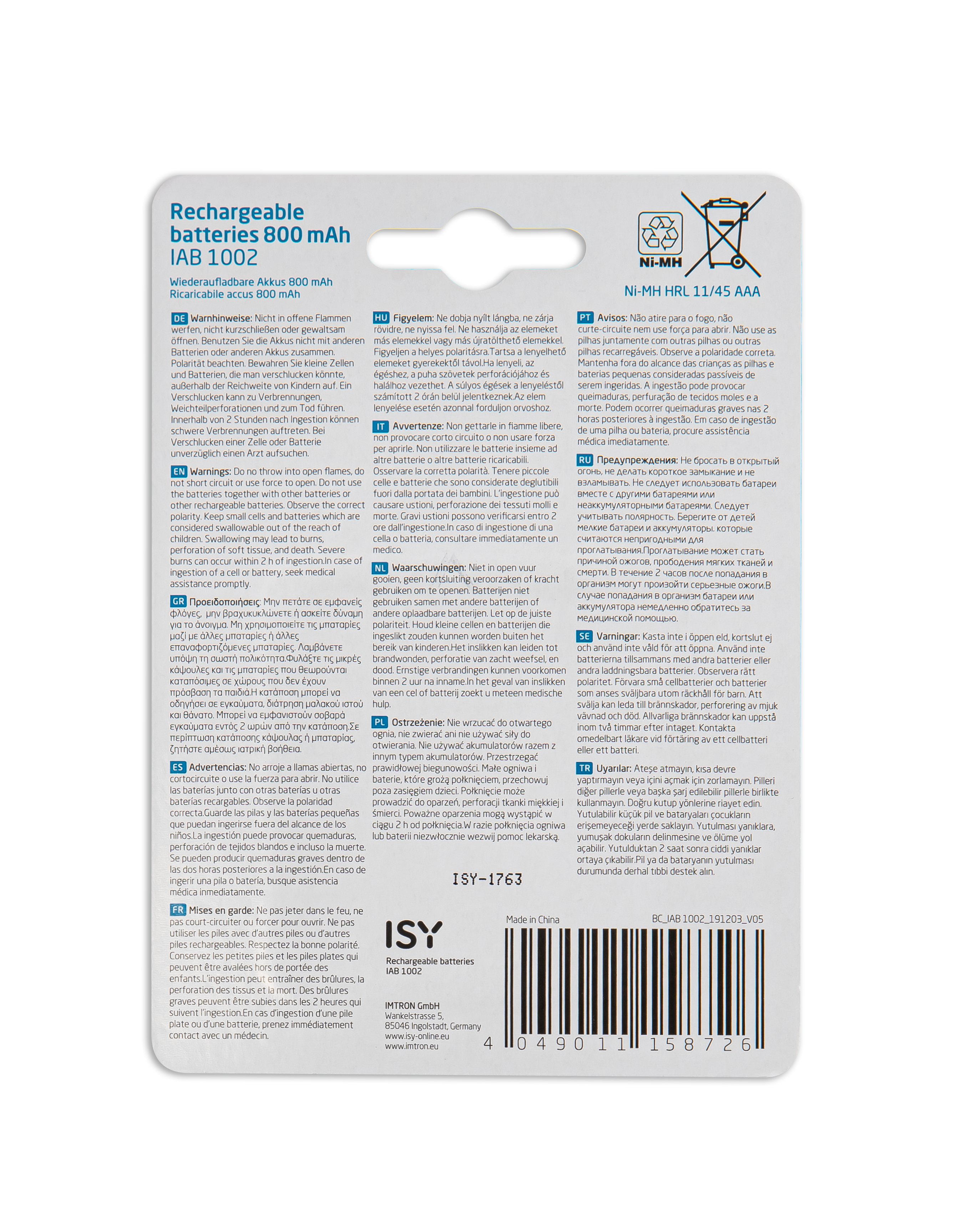 Batteriepack mit Warnhinweisen in mehreren Sprachen. Text in Englisch und anderen Sprachen.