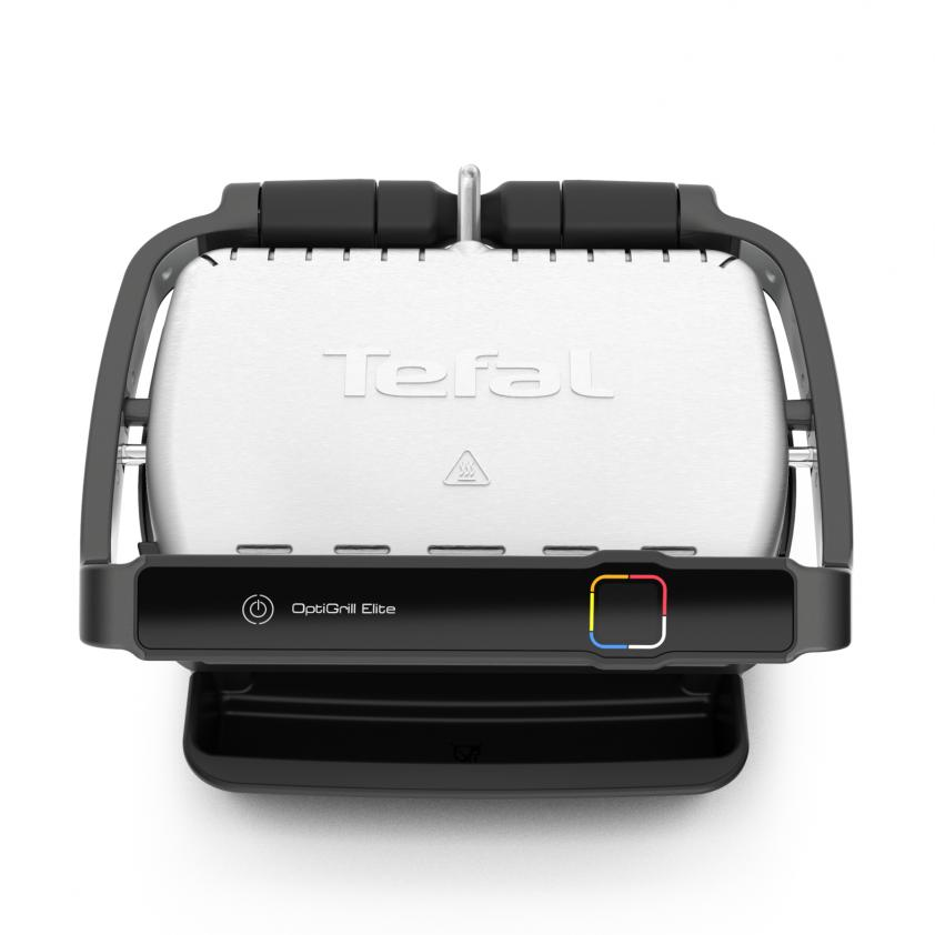 Top view of Tefal OptiGrill Elite. Black and silver, with control panel and drip tray.