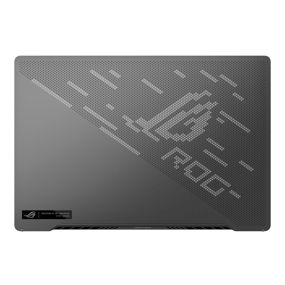 Grauer Laptopdeckel mit weißem ROG-Logo und Details, auf weißem Hintergrund.