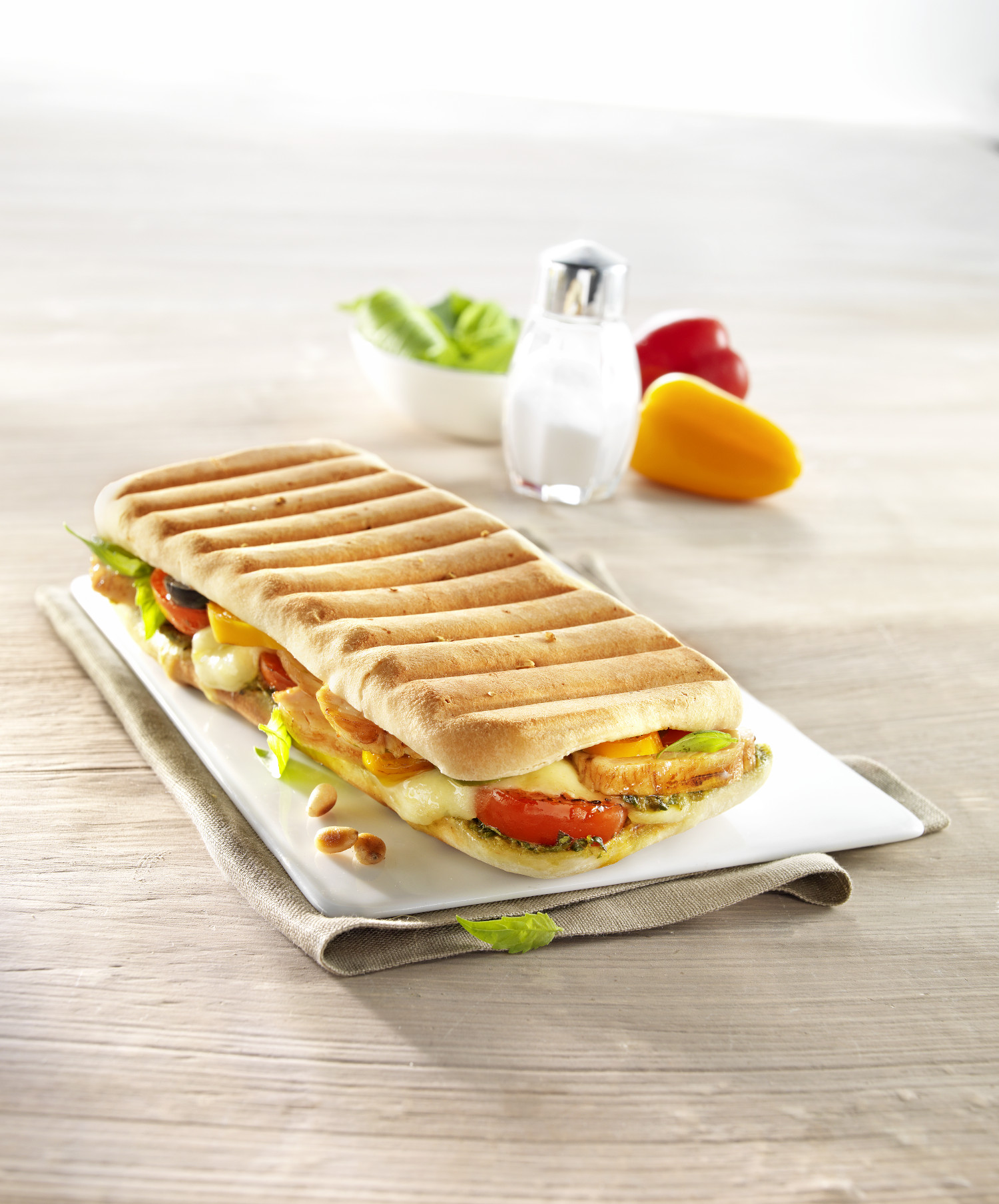 Un sandwich panini sur une assiette blanche avec une salade verte, du poivre et du sel.
