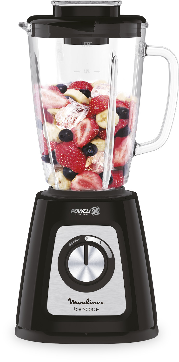 Blender with fruit inside, black base, glass jar. Control dial on front.