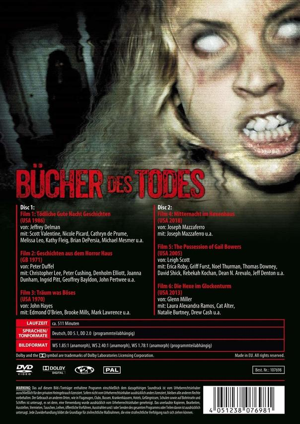 DVD-Hülle für den Film 'Bücher des Todes'. Eine Frau mit geisterhaftem Gesicht.