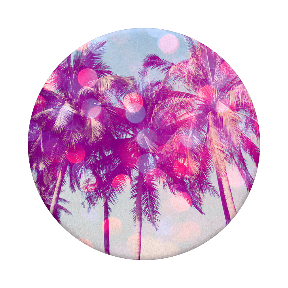 Imagen circular con palmeras rosas contra un cielo azul claro y efecto bokeh.