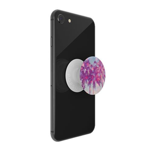 Smartphone negro con un Popsocket. El Popsocket tiene una imagen de palmeras rosas.