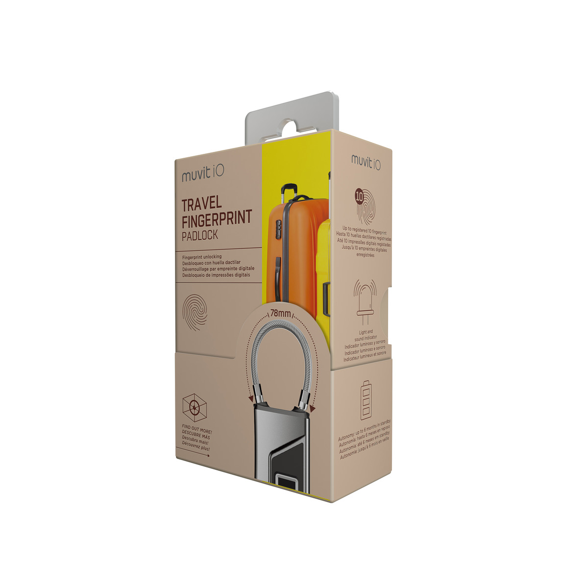 Candado -  muvit iO Digital Arco flexible, IP66, Hasta 10 entradas de huella, Plata