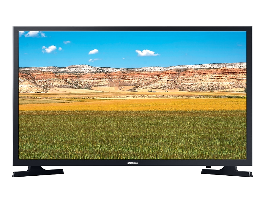 Un televisor de pantalla plana que muestra un paisaje con un campo amarillo y montañas.