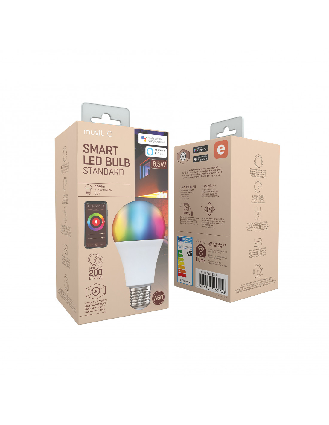 Caja con una bombilla LED inteligente, mostrando una bombilla colorida y la marca Muvit IO.