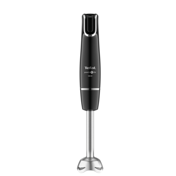 Fekete Tefal botmixer. Ezüst keverő véggel, elegáns designnal rendelkezik, a márkanév látható.